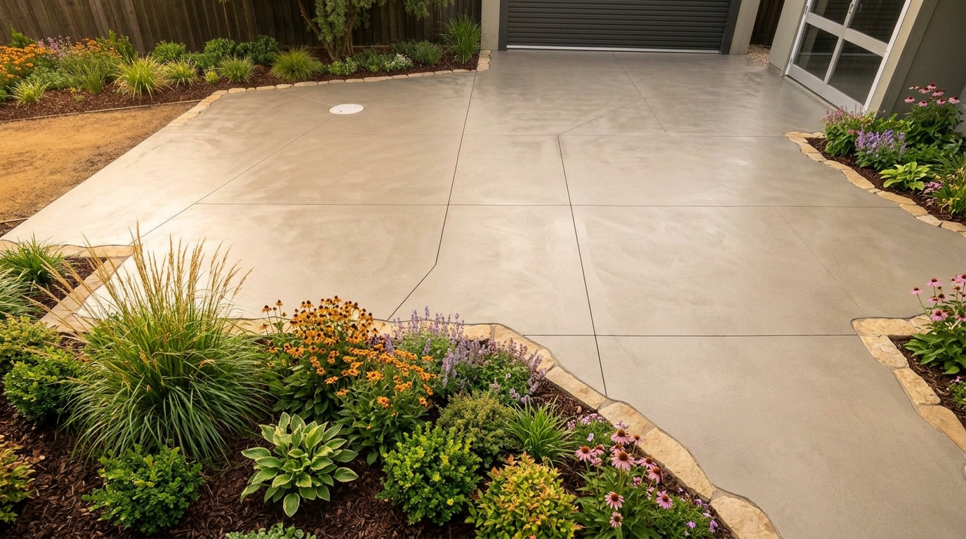 Beautifully smooth finished concrete driveway and patio after BRAP Designs