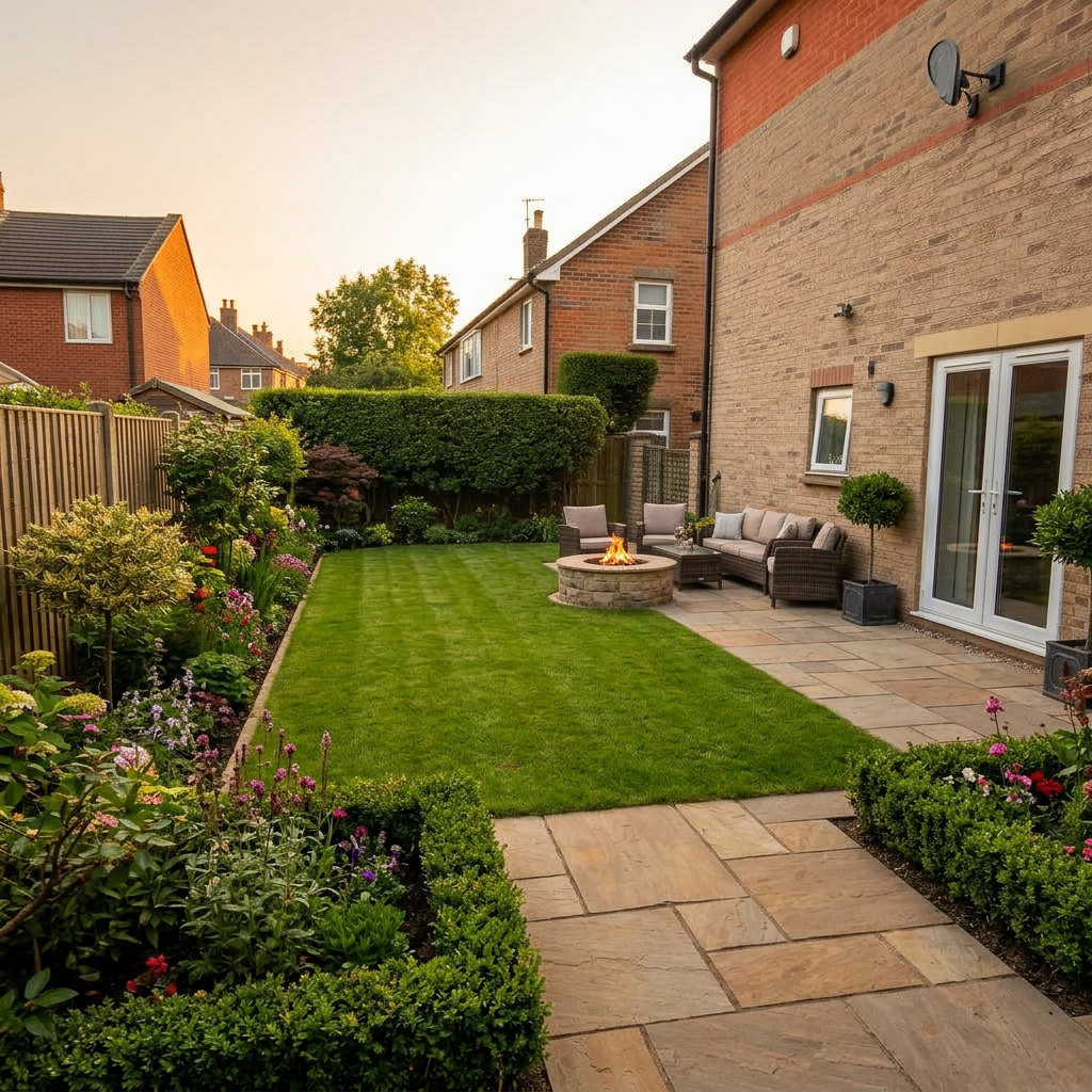 Beautifully landscaped garden with patio, fire pit and sunset after BRAP Designs