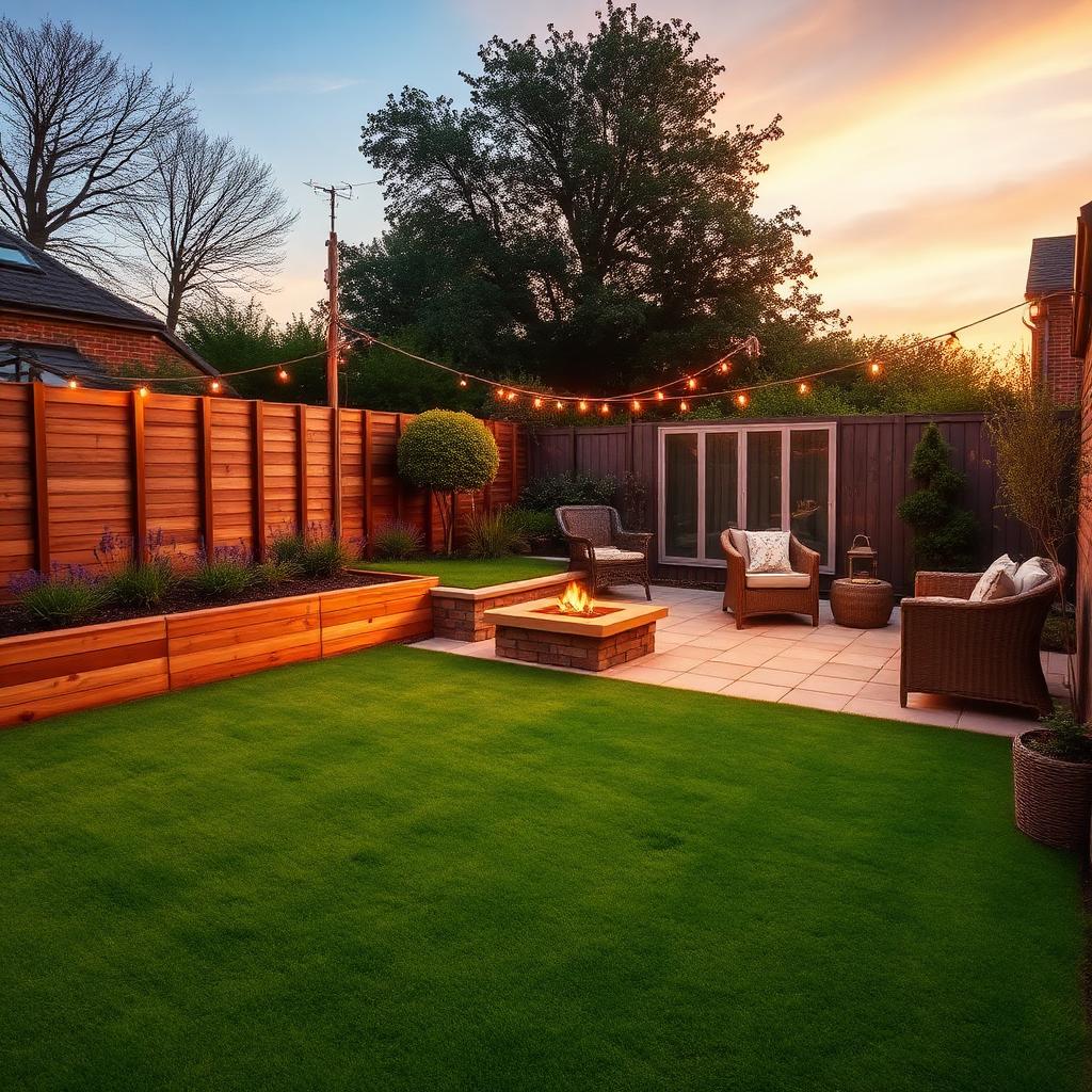Beautifully landscaped garden with patio, fire pit and sunset after BRAP Designs