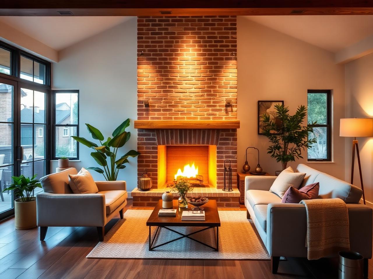 Beautifully renovated living room with bespoke brick fireplace after BRAP Designs