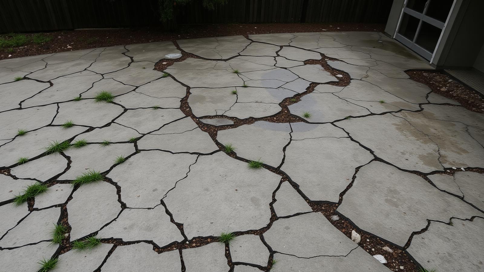 Cracked and crumbling concrete driveway and patio before renovation