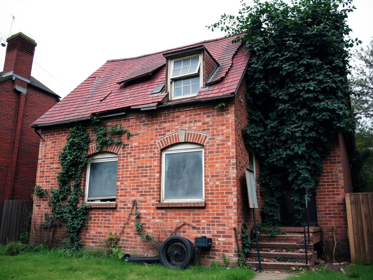 Run-down derelict house exterior before renovation