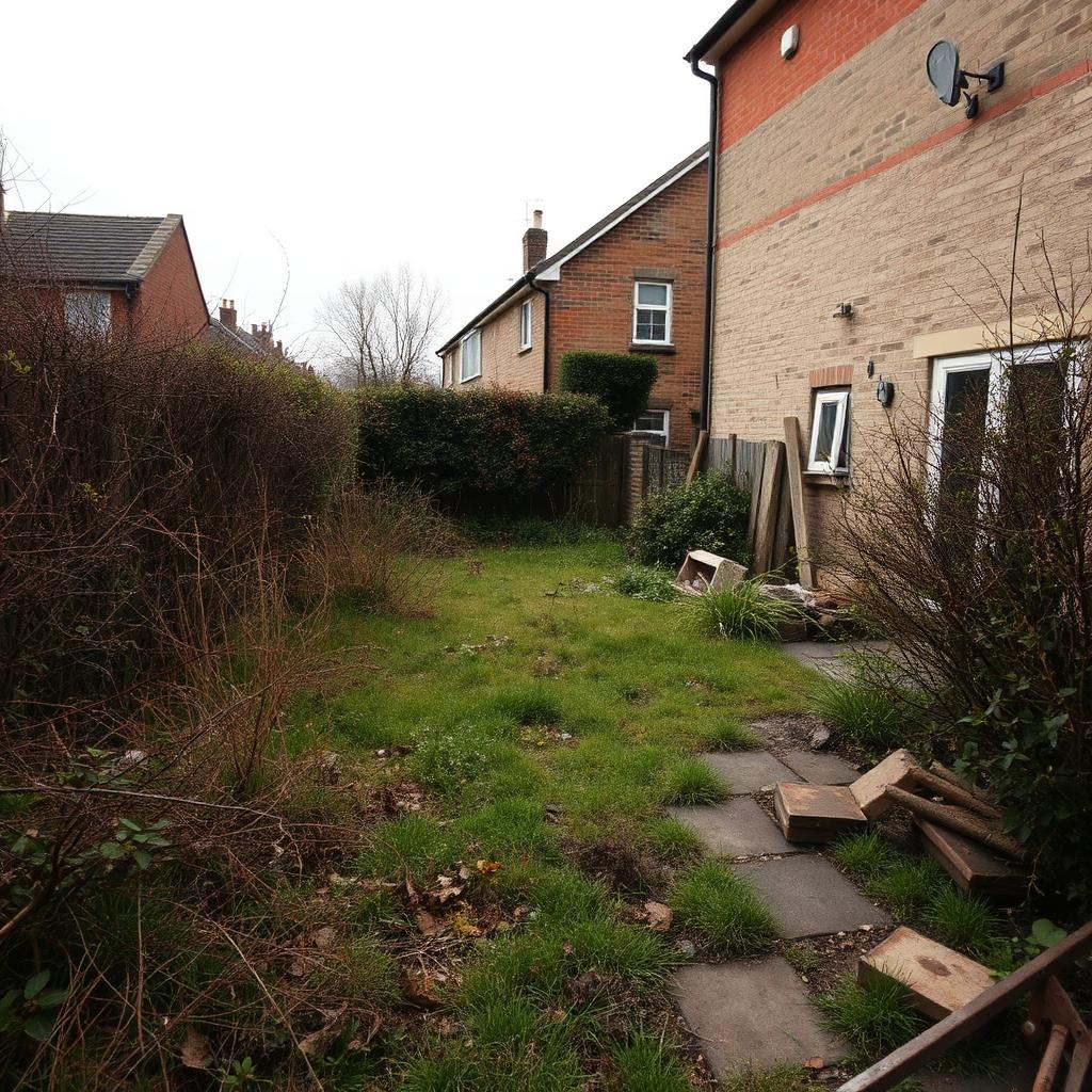 Overgrown unkempt garden with weeds and rubble before landscaping