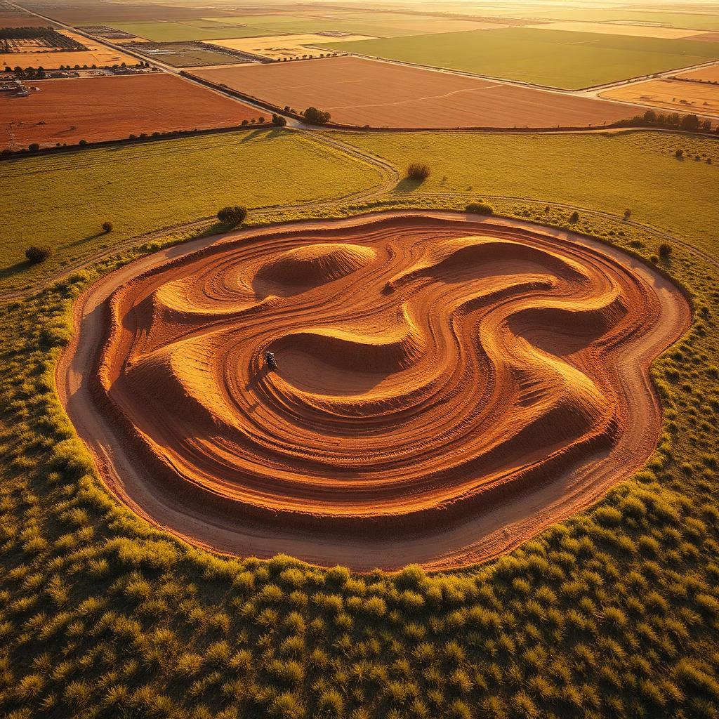 Off-road motocross dirt track with jumps and berms carved through rugged terrain