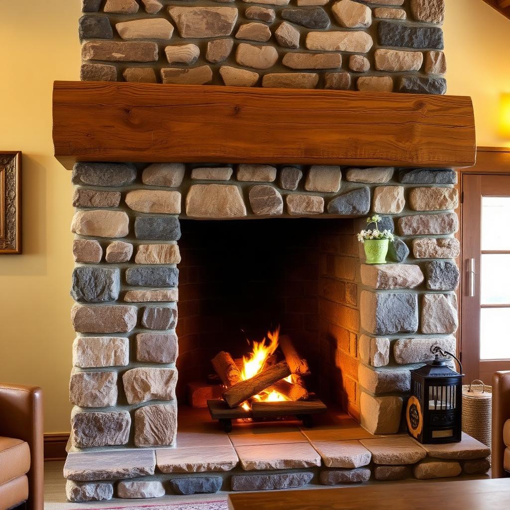 Reclaimed Stone & Oak Fireplace